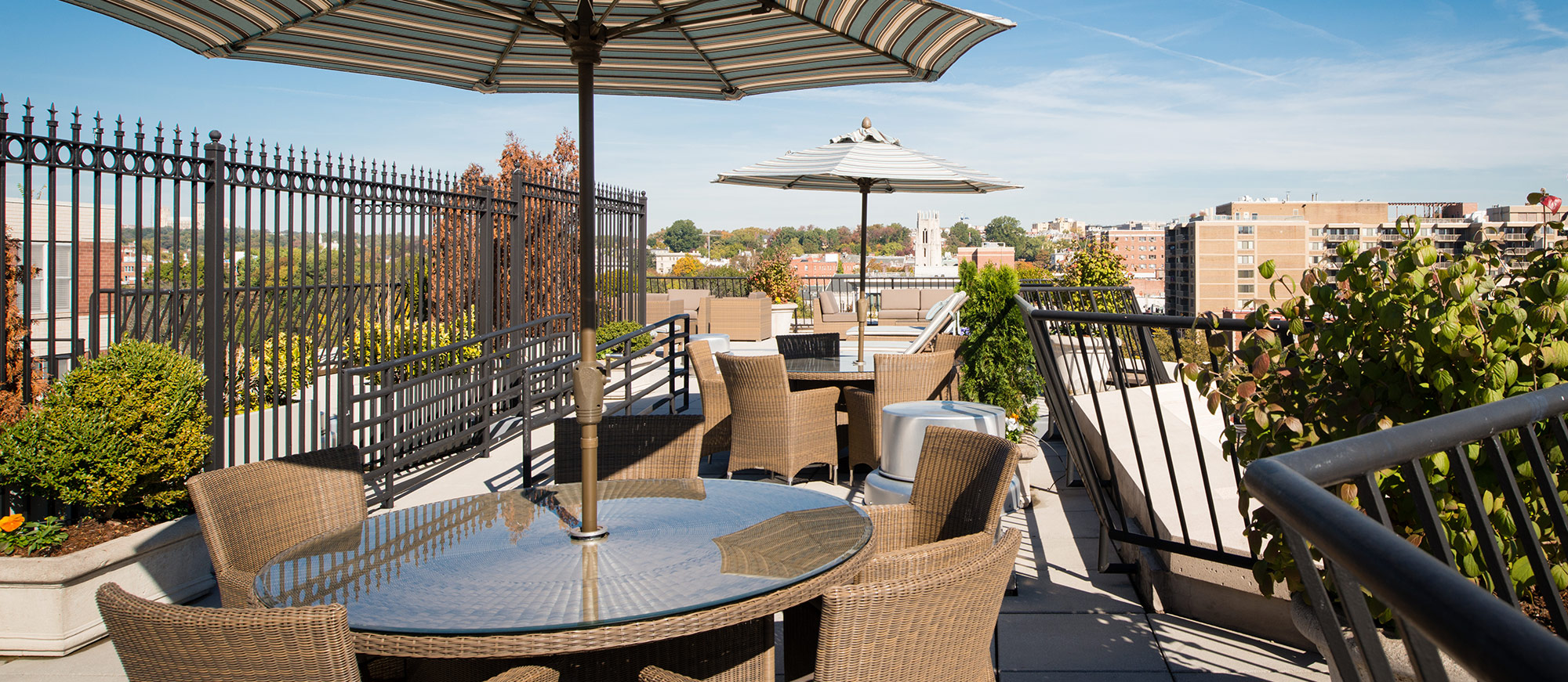 Outdoor deck with shaded table seating